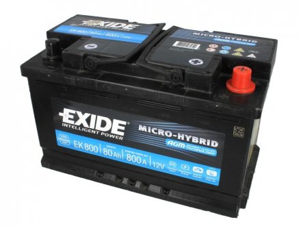 Акумулятор START-STOP AGM (315×175×190), 80Ач, 800А, R+ EXIDE EK800 (фото 1)