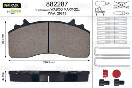 Колодки гальмівні WVA 29315; 220,5x 99,3x30 Valeo 882287 (фото 1)