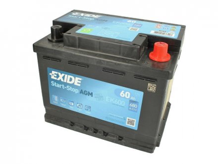 Акумулятор START-STOP AGM (242×175×190), 60Ач, 680А, R+ EXIDE EK600 (фото 1)