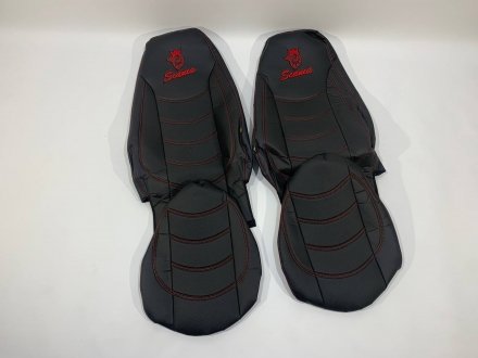 Набір чохлів на сидіння SCANIA R-G 420 (високе та низьке) з еко шкіри чорного кольору з прошивкою червоною ниткою Турция SCA-R420RD-H