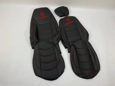 Набір чохлів на сидіння SCANIA R-G 420 (всі низькі) з еко шкіри чорного кольору з прошивкою червоною ниткою Турция SCA-R420RD-L (фото 1)
