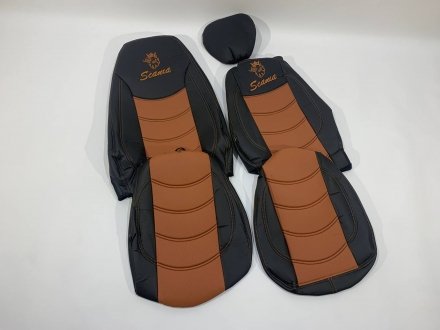 Набір чохлів на сидіння SCANIA R-G 420 (всі низькі) з еко шкіри чорного кольору з коричневими вставками Турция SCA-R420BR-L (фото 1)