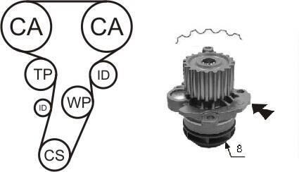 К-кт. ГРМ (ремень + 3 ролика + помпа + крепеж) AUDI 2,0TDI: A3/4/6 03- VW 2,0TDI: Golf V, Passat, Touran SKODA SEAT AIRTEX WPK-199803