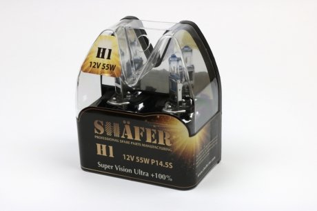 Лампа H1 12V 55W P14.5S Super Vision Ultra +100% (комплект, пластик. бокс  2шт) SHAFER SL3001