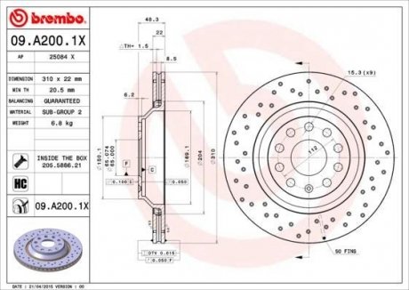 Гальмівний диск BREMBO 09A2001X (фото 1)