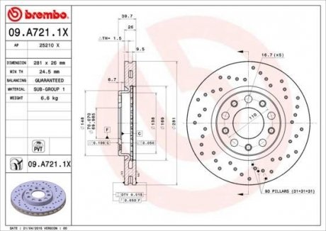 Гальмівний диск BREMBO 09A7211X (фото 1)